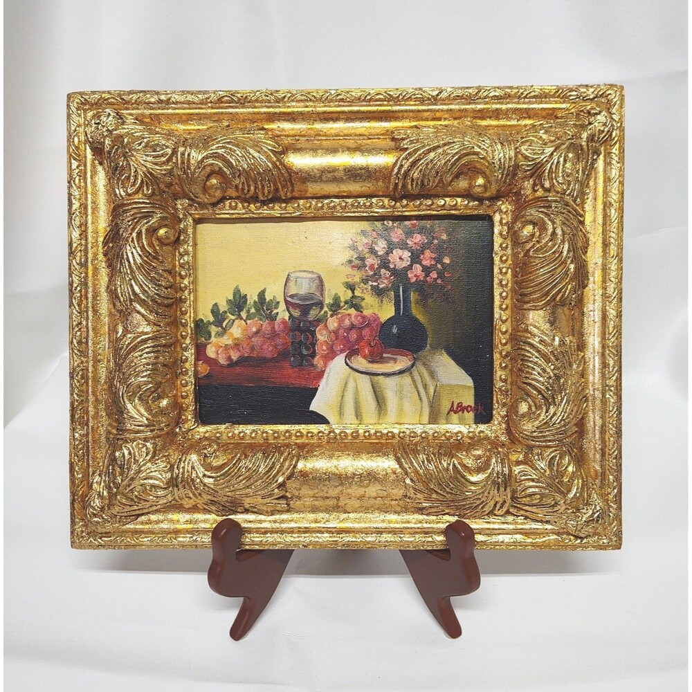 Original Acrylic A. Brock Still Life Painting in High Relief Gold Leaf Frame